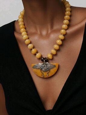 Natural Yellow Jade & Smoky Quartz Moth Statement Necklace - Artisan Silver